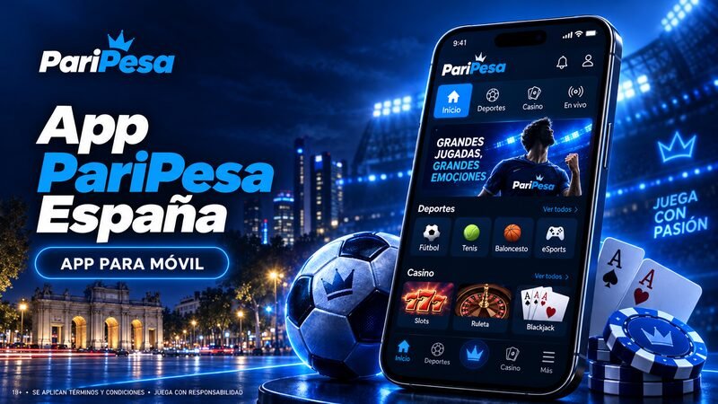 Aplicación móvil de PariPesa España con apuestas deportivas, juegos de casino y paisaje nocturno de Madrid