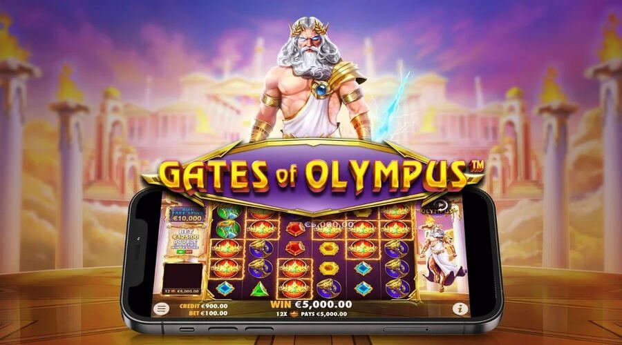 Banner della slot Gates of Olympus su Paripesa — Zeus, colonne del tempio e telefono con vincita di €5.000