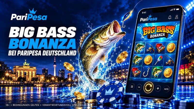 Big Bass Bonanza bei PariPesa Deutschland auf einem Smartphone vor der Berliner Skyline