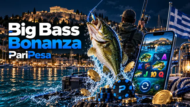 Big Bass Bonanza PariPesa banner with the Acropolis and Greek flag at night