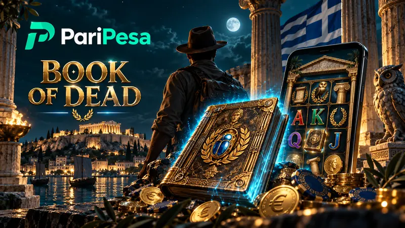 Book of Dead PariPesa banner with the Acropolis, Greek flag and ancient Greek symbols