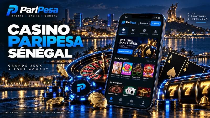 Casino PariPesa Sénégal sur smartphone avec jeux de casino et vue nocturne de Dakar