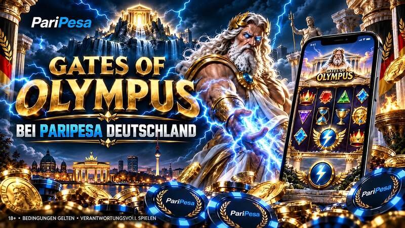 Gates of Olympus bei PariPesa Deutschland mit Smartphone, Zeus und Berliner Skyline