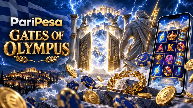 Gates of Olympus PariPesa banner with Mount Olympus, Greek flag and lightning