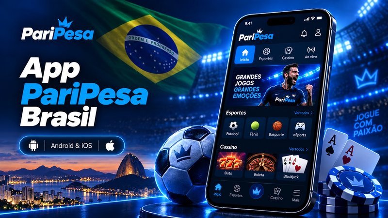 Aplicativo PariPesa para Android e iOS com apostas esportivas e cassino, bandeira do Brasil e vista do Rio de Janeiro.