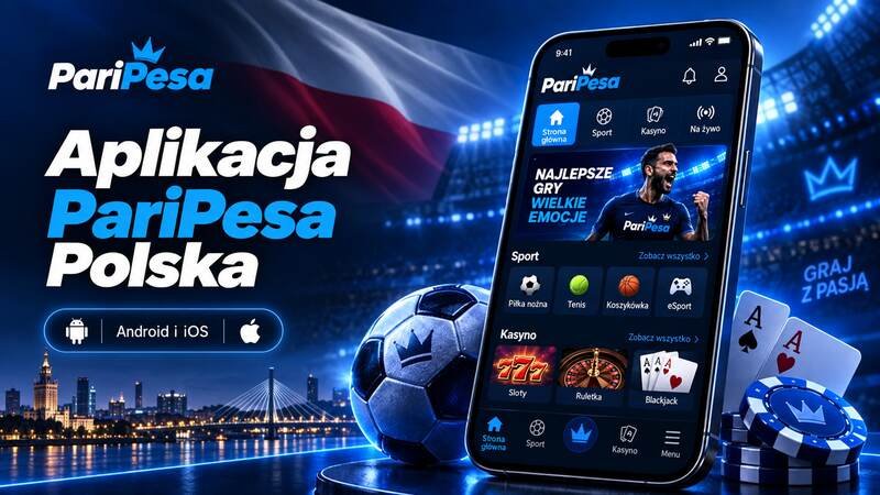 Aplikacja PariPesa Polska na smartfonie z zakładami sportowymi i grami kasynowymi