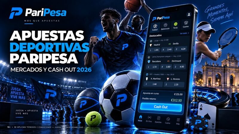 Banner de apuestas deportivas de PariPesa España con aplicación móvil, deportistas y paisaje nocturno de Madrid
