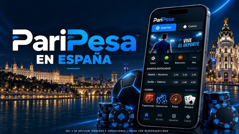 PariPesa en España con apuestas deportivas en un móvil, un futbolista de espaldas y edificios emblemáticos de Madrid.