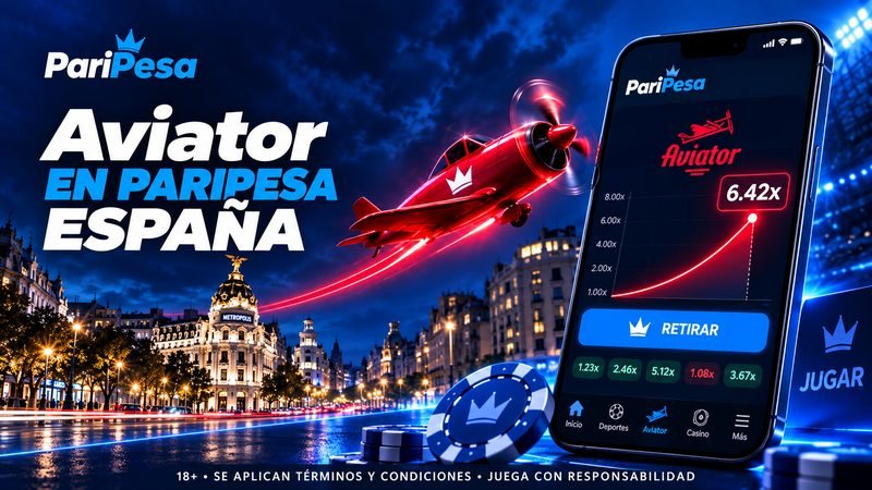Aviator en PariPesa España con un avión rojo, el juego en un móvil y la Gran Vía de Madrid de noche.