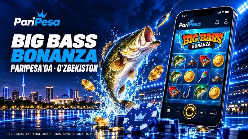 PariPesa’dagi Big Bass Bonanza o‘yini banneri: suvdan sakrayotgan baliq, o‘yin ekrani tushirilgan smartfon va ko‘k chiplar.