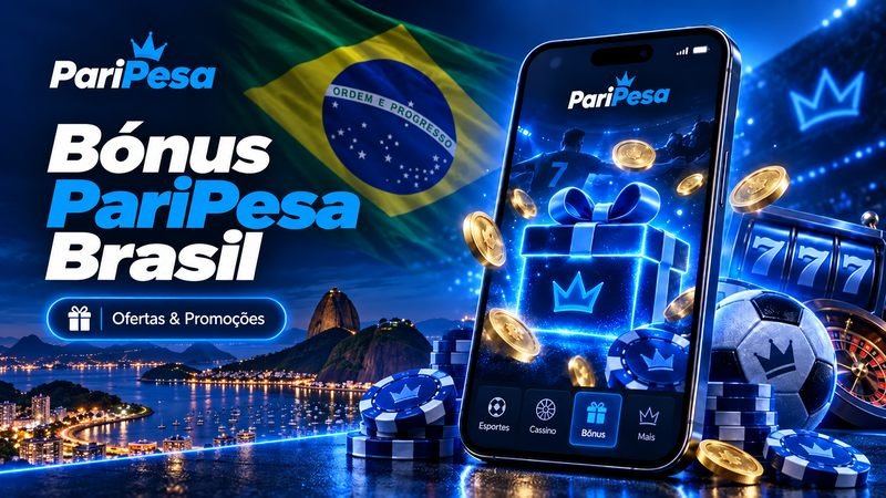 Banner de bônus da PariPesa Brasil com presente na tela do celular, moedas, fichas e bandeira brasileira ao fundo.
