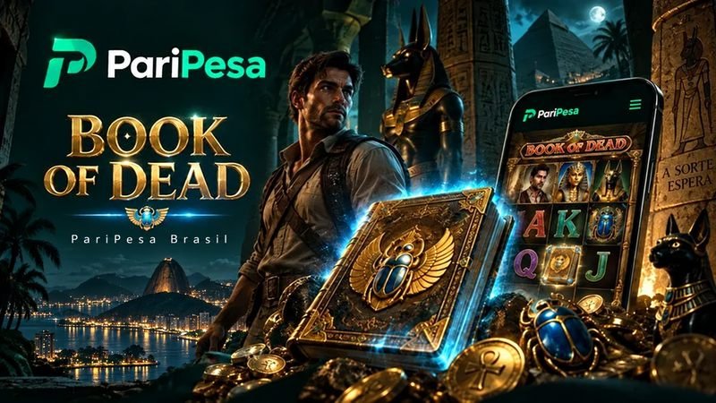 Book of Dead na PariPesa Brasil com explorador, livro dourado, símbolos egípcios e jogo no celular, com o Rio de Janeiro ao fundo.