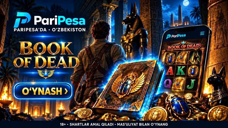 PariPesa’dagi Book of Dead o‘yini banneri: qadimgi Misr ibodatxonasi, sehrli kitob, Anubis haykallari va o‘yin tasvirlangan smartfon.