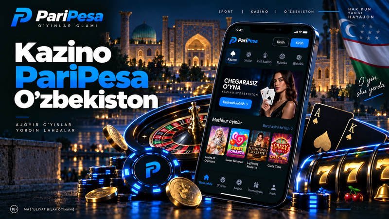 Samarqand me’morchiligi va O‘zbekiston bayrog‘i fonida PariPesa kazino banneri, smartfon, ruletka va o‘yin chiplari.