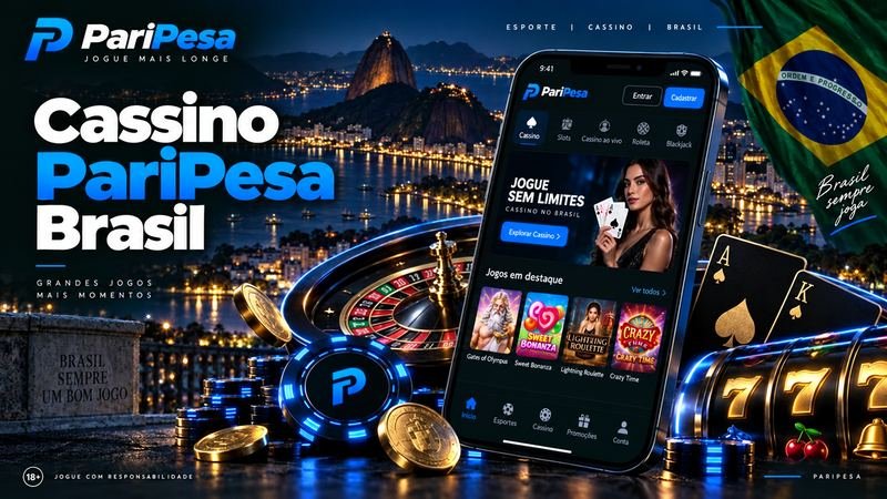 Cassino PariPesa Brasil no celular, com roleta, cartas, fichas e caça-níqueis, bandeira brasileira e vista noturna do Rio de Janeiro.