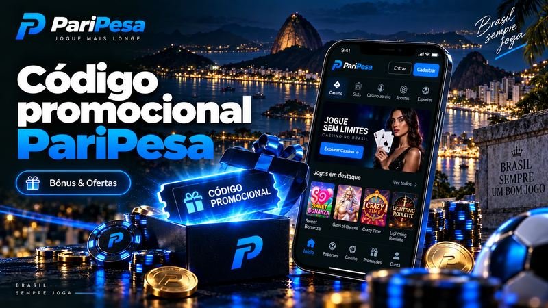 Código promocional PariPesa em um cupom iluminado sobre uma caixa de presente, com cassino no celular e vista noturna do Rio de Janeiro.