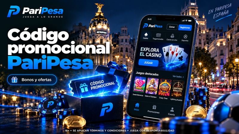 Código promocional de PariPesa España con un móvil, una caja de regalo y la Gran Vía de Madrid iluminada de noche.