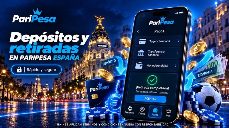 Depósitos y retiradas en PariPesa España con un móvil, euros y la Gran Vía de Madrid iluminada de noche.