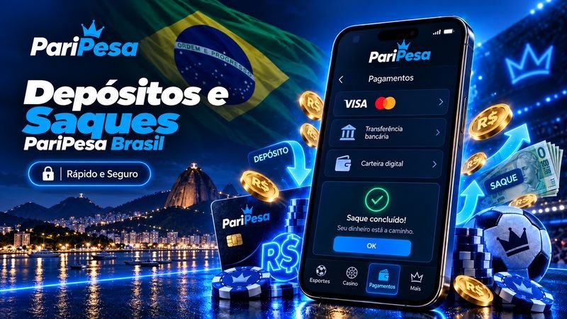 Depósitos e saques na PariPesa Brasil, com tela de pagamentos no celular, notas em reais e bandeira brasileira ao fundo.