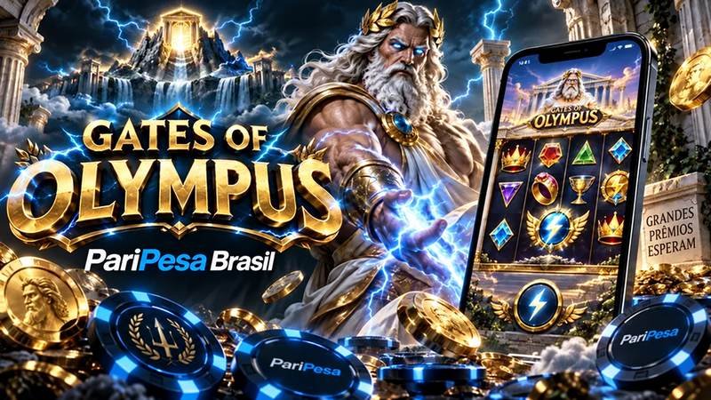 Gates of Olympus na PariPesa Brasil com Zeus lançando raios, templo ao fundo, moedas douradas e jogo no celular.
