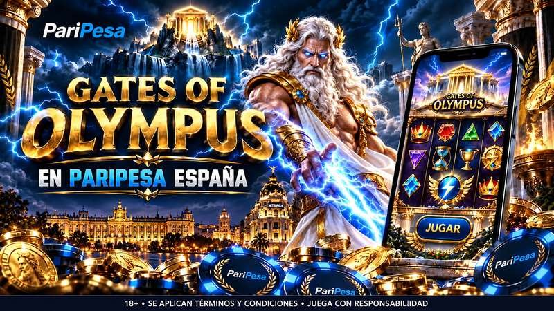 Gates of Olympus en PariPesa España con Zeus de frente, rayos azules y el juego en un móvil, con Madrid al fondo.