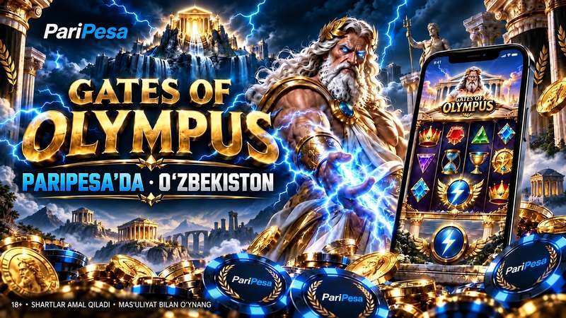 PariPesa’dagi Gates of Olympus o‘yini banneri: chaqmoq tutgan mifologik qahramon, oltin tangalar va o‘yin tasvirlangan smartfon.