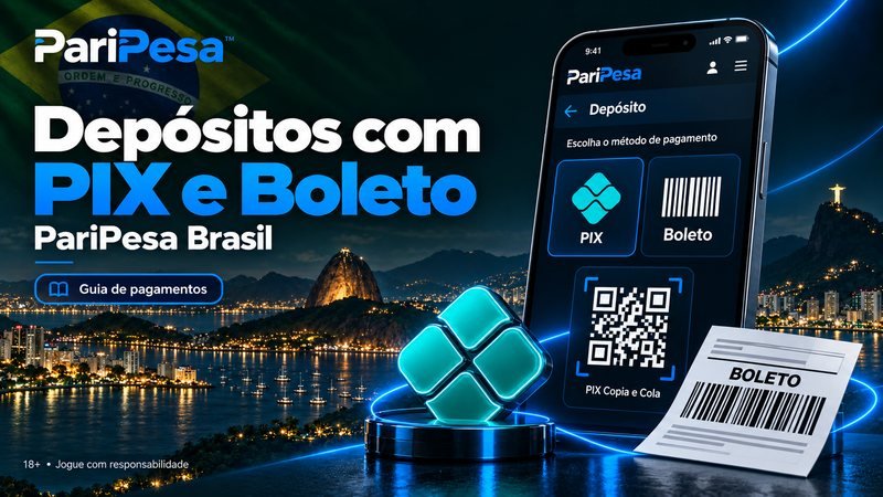 Depósitos com PIX e boleto na PariPesa Brasil, com celular exibindo QR code, boleto bancário e vista noturna do Rio de Janeiro.