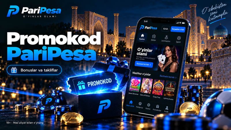 Samarqand manzarasi fonida PariPesa promokodi tasvirlangan banner: sovg‘a qutisi, smartfon va o‘yin chiplari.