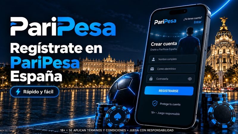 Registro en PariPesa España con un formulario en el móvil y edificios emblemáticos de Madrid iluminados de noche.