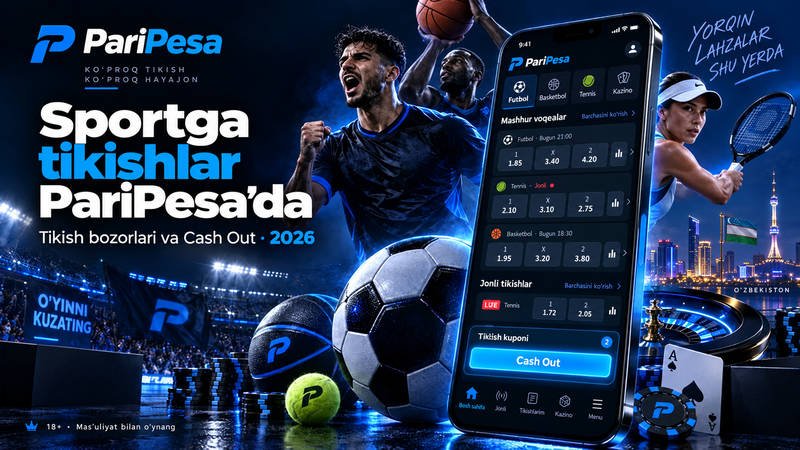 PariPesa sportga tikishlar banneri: futbolchi, basketbolchi va tennischi yonida o‘zbek tilidagi sport bo‘limlari ko‘rsatilgan smartfon.
