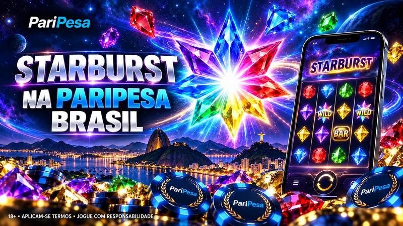 Starburst na PariPesa Brasil com estrela de gemas coloridas, jogo no celular e paisagem do Rio de Janeiro em cenário cósmico.