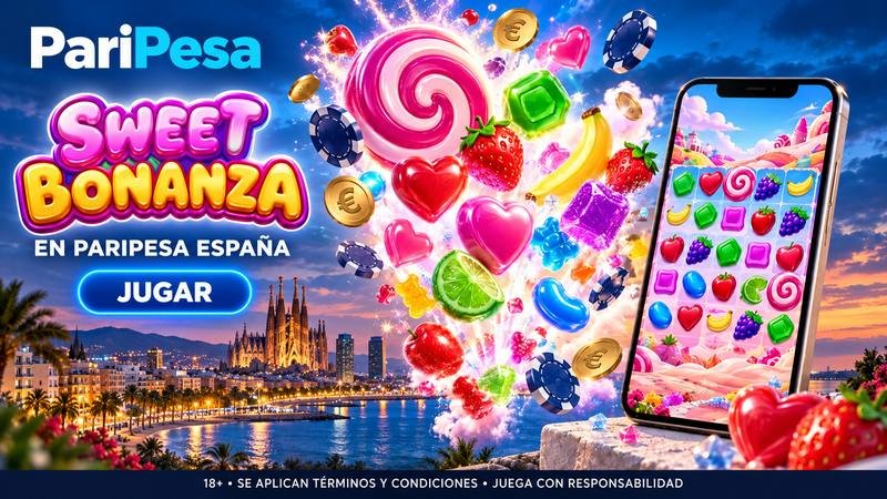 Sweet Bonanza en PariPesa España con caramelos, frutas y el juego en un móvil, con Barcelona al atardecer de fondo.