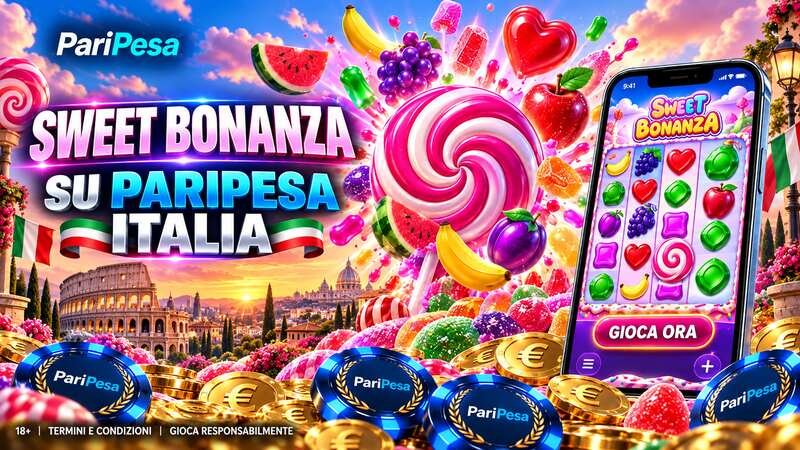 Sweet Bonanza su PariPesa Italia con caramelle, frutta colorata e panorama di Roma.
