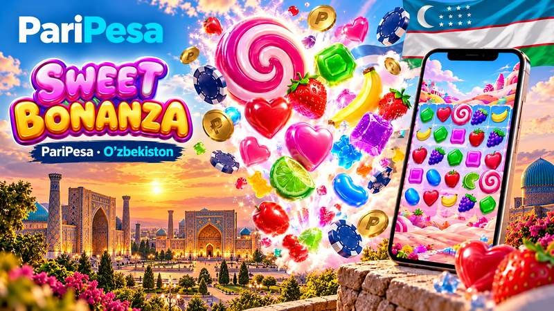 Samarqand manzarasi fonida PariPesa’dagi Sweet Bonanza o‘yini banneri: rangli shirinliklar, O‘zbekiston bayrog‘i va o‘yin tasvirlangan smartfon.