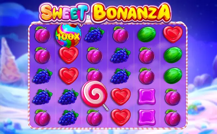 Sweet Bonanza o'yinining ekran surati: yuqorida logotip, pastda binafsha fonli 6×5 katakchali maydonda shaftoli, uzum, tarvuz, yurakcha, kvadrat shirinlik va lolipop belgilari joylashgan, chap yuqori burchakda 100× multiplikatorli lolipop bomba belgisi ko'rinib turibdi.