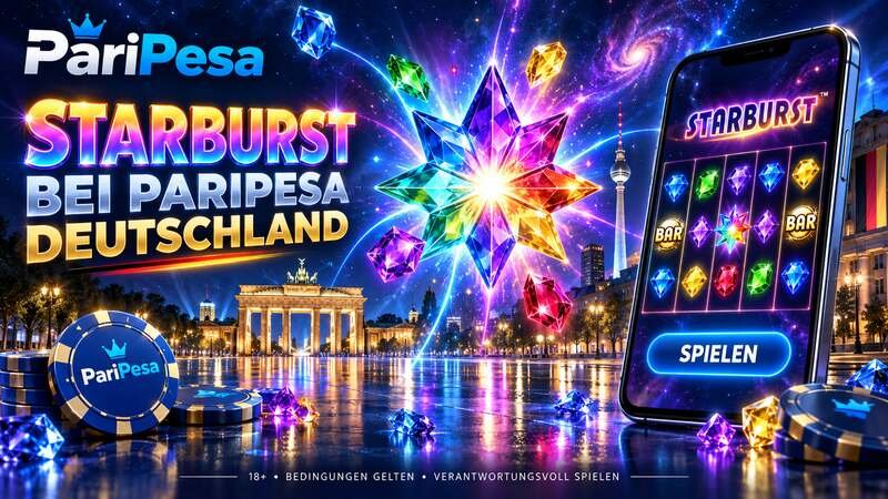 Starburst bei PariPesa Deutschland mit bunten Kristallen, Smartphone und Berliner Skyline