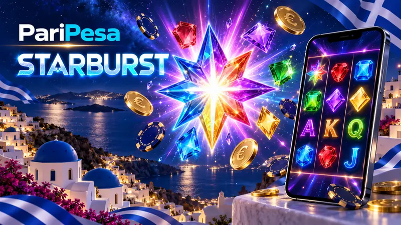 Starburst PariPesa banner with colorful gems and a nighttime view of Santorini, Greece
