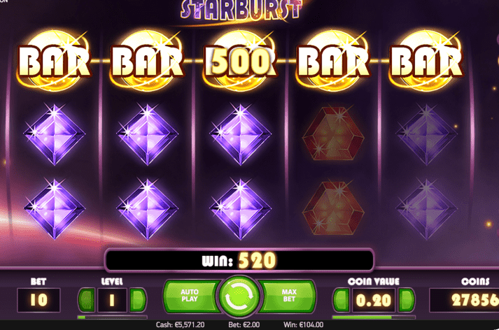 Schermata di gioco di Starburst — diamanti viola e gialli con linee di pagamento vincenti