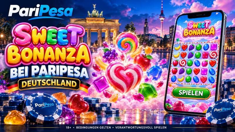 Sweet Bonanza bei PariPesa Deutschland mit Süßigkeiten, Smartphone und Berliner Skyline